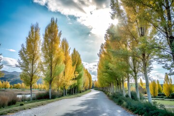 Naklejka premium Golden Trees Along a Trail with Clear Sky