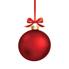 Vector realistic christmas ball ornament with elegant red bow on transparent background.