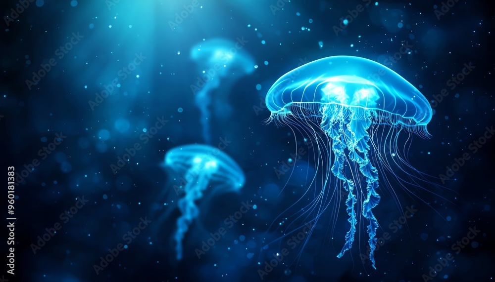 Wall mural a tranquil underwater scene featuring glowing jellyfish drifting gracefully through dark blue waters