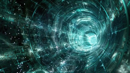 A mesmerizing digital tunnel that depicts a journey through space and time, filled with glowing particles and vibrant colors.