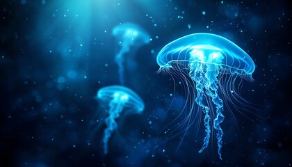 A tranquil underwater scene featuring glowing jellyfish drifting gracefully through dark blue waters.