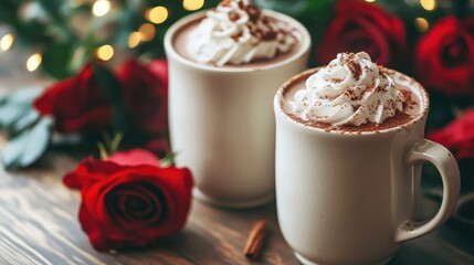 A romantic setup with two mugs of hot chocolate, topped with whipped cream and a sprinkle of cinnamon, beside a bouquet of roses. Cozy and lovely.