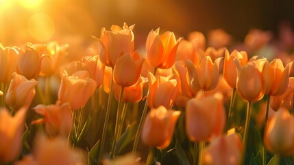 Obraz premium Warm Sunset Over a Field of Beautiful Orange Tulips in Bloom