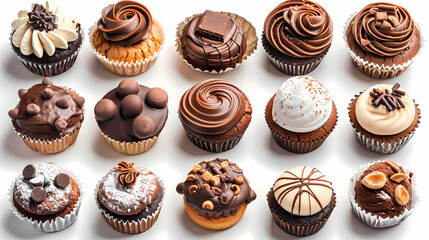 Various of sweets and desserts set and collection. chocolate cake, cupcakes, red velvet cake, apple pie, macarons, pretzel, donut, pastries, muffin, cookies, croissant. Bakery sweets isolated on white