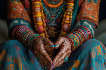 Close-Up Portrait of a Woman with Mixed Ethnic Background, Showcasing Intricate Henna Designs, Colorful Jewelry, and Multicultural Traditional Clothing