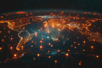 Obraz premium Glowing lines forming world map data points pulsing representing global market connections.