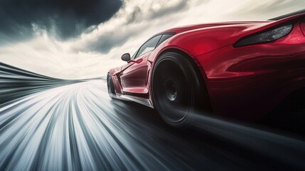 Obraz premium Red sports car speeding down a highway, the sleek curves and vibrant color capturing a sense of adrenaline and luxury.