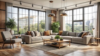 Fototapeta premium Modern living room interior with stylish furniture, neutral color palette, and large windows letting in natural light