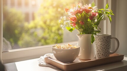 A sunny morning scene with a breakfast tray holding a bowl of cereal, a cup of coffee, and a vase of fresh flowers.