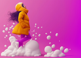 Fototapeta premium A purple winter scene of a pretty girl walking through falling snow, wearing a cozy hood pulled over her head, embracing the season's fashion.