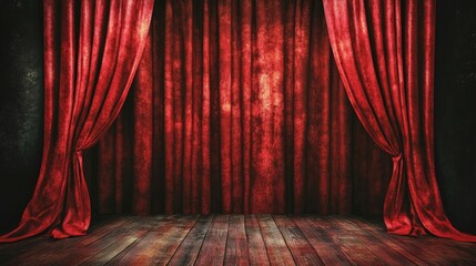 Fototapeta premium Red velvet curtains parting on a theater stage, ready to reveal the performance, evoking drama and anticipation.