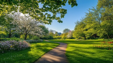 A verdant green park with a walking path, lined with trees and blooming flowers under a clear blue sky.