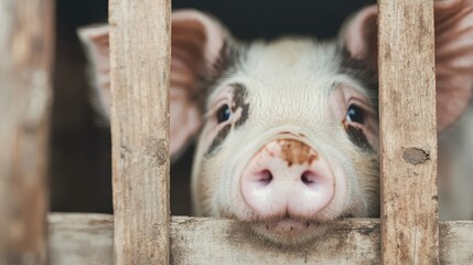 A close-up image of a pig's face looking through a wooden fence, capturing the pig's inquisitive and gentle expression and the texture of the wooden slats.