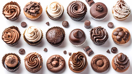 Various of sweets and desserts set and collection. chocolate cake, cupcakes, red velvet cake, apple pie, macarons, pretzel, donut, pastries, muffin, cookies, croissant. Bakery sweets isolated on white