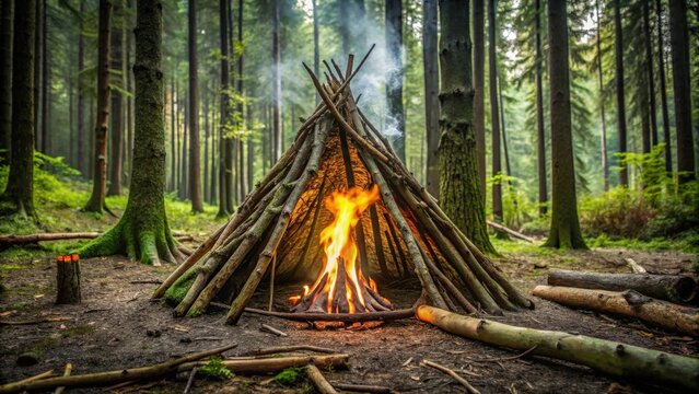 Primitive bushcraft shelter in forest with campfire burning, similar to a tepee