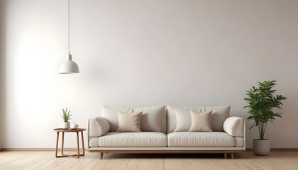 A modern living room with a beige sofa, white throw pillows, and a wooden coffee table. The room has a minimalist and cozy atmosphere.