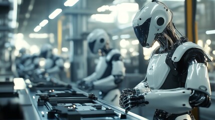 Fototapeta premium Human-robot collaboration in a factory setting, advanced machinery, workers operating with precision, industrial automation, seamless integration, high-tech production environment