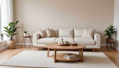 A modern living room with a beige sofa, white throw pillows, and a wooden coffee table. The room has a minimalist and cozy atmosphere.