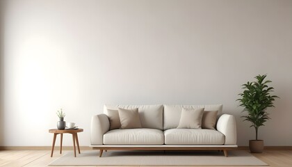 A modern living room with a beige sofa, white throw pillows, and a wooden coffee table. The room has a minimalist and cozy atmosphere.