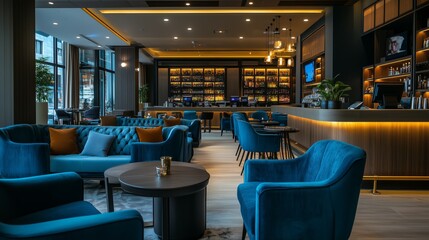 Modern Hotel Lounge with Blue Velvet Armchairs and Bar Counter