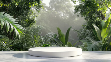 A contemporary white podium on an abstract background, with a serene green forest backdrop.