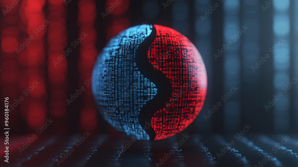 Poster a digital sphere with a split design showcasing red and blue textures, symbolizing technology and bi