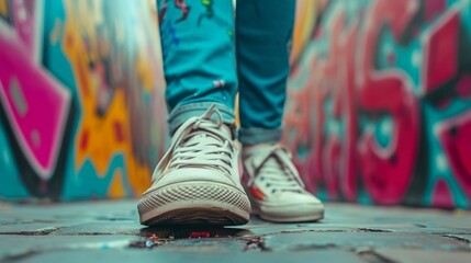 Fototapeta premium A close-up shot of a person wearing white sneakers, stepping confidently on a street adorned with vibrant graffiti. The background is blurred, emphasizing the colorful street art and the casual, urban