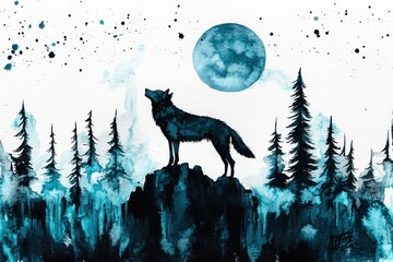 Mystical wolf silhouette against full moon and forest landscape