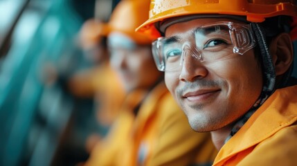 This close-up captures workers in uniform, focusing on safety and teamwork, with vibrant colors highlighting the importance of industrial safety measures and collaboration.