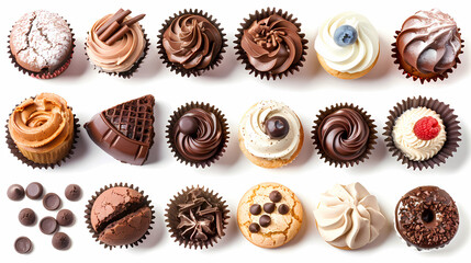Various of sweets and desserts set and collection. chocolate cake, cupcakes, red velvet cake, apple pie, macarons, pretzel, donut, pastries, muffin, cookies, croissant. Bakery sweets isolated on white