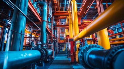 Industrial machinery with vibrant, color-coded parts, standing out against a gray factory environment, high-tech setting, safety-focused, energetic visuals