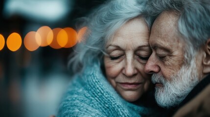 An elderly couple shares a tender embrace, their faces close together, exuding affection and warmth, as they savor a moment of deep connection and lifelong companionship.