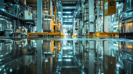 Machinery reflections on polished metal surfaces, sleek factory floor, industrial precision, mirrored details, sharp angles, high-tech environment, modern manufacturing