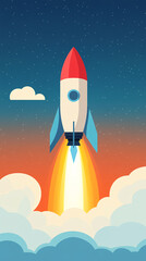 A vibrant rocket soaring through the clouds against a beautiful sunset background, symbolizing innovation and adventure.
