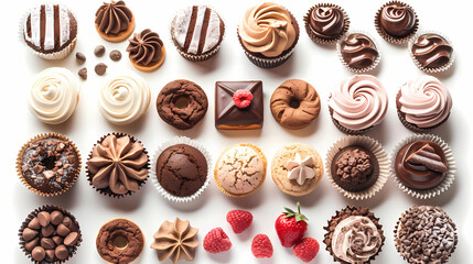 Fototapeta premium Various of sweets and desserts set and collection. chocolate cake, cupcakes, red velvet cake, apple pie, macarons, pretzel, donut, pastries, muffin, cookies, croissant. Bakery sweets isolated on white