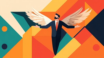 A stylized illustration of a man with wings, symbolizing freedom, creativity, and ambition against a colorful geometric background.