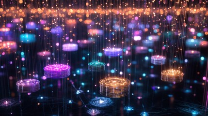 Obraz premium A vibrant digital landscape with floating luminous orbs and a network of light.