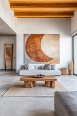 Luxury living room are in a premium property with Japanese inspired furniture and decor. Interior design composition with wood accents