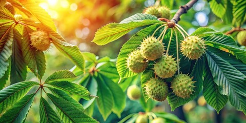 Vintage s of horse chestnut trees, featuring detailed leaves, branches, and chestnuts