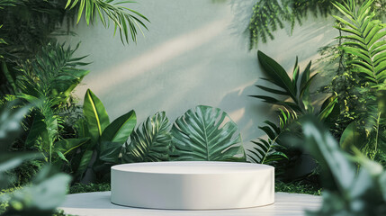 A modern white podium on a minimalist abstract surface, with a lush green forest backdrop.
