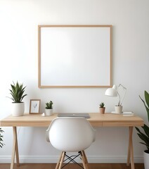 A minimalist home office with a wooden desk, a white chair, and a potted plant. The room has a white wall with a wooden frame.