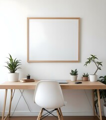 A minimalist home office with a wooden desk, a white chair, and a potted plant. The room has a white wall with a wooden frame.