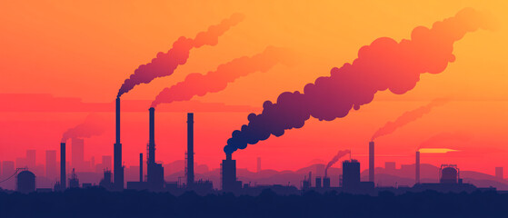 Silhouettes of industrial smokestacks against a vibrant sunset, highlighting pollution and environmental impact on urban landscapes.