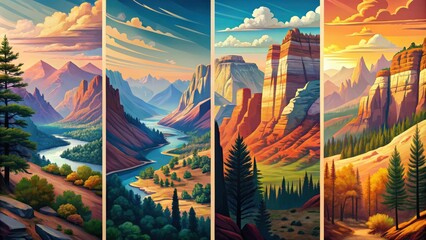 Vintage-inspired colorful posters showcasing national parks