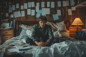 Fototapeta premium Photo of a stressed-out man sitting on his bed with scattered papers all over the room.
