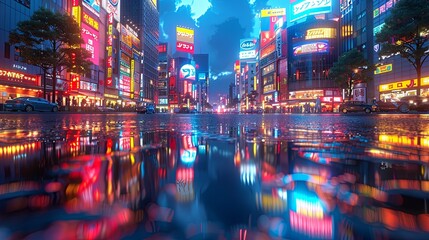 Obraz premium 3D Rendering of billboards and advertisement signs at modern buildings in capital city with light reflection from puddles on street. Concept for night life, never sleep business district center