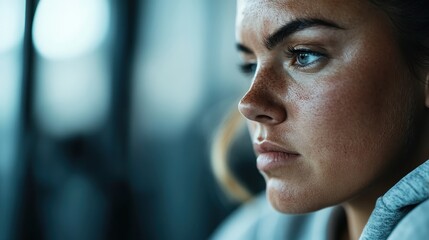 Obraz premium This close-up image captures a person wearing a hoodie while in a gym. The background shows gym equipment, emphasizing fitness, and a focused and immersive atmosphere.
