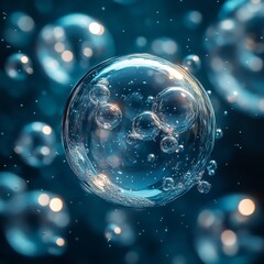 Floating Bubble with Molecules on Soft Blue Background