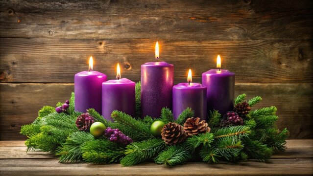 Christmas eve wreath with four burning purple advent candles, symbolizing the countdown to Christmas