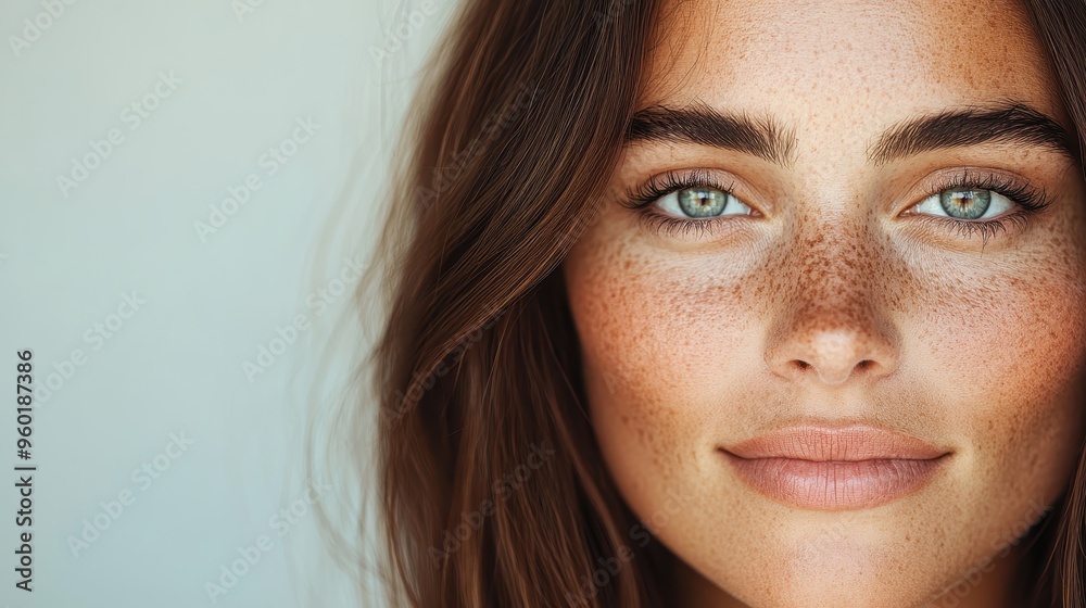 Wall mural a young woman with prominent freckles, brown hair, and blue eyes, smiling softly into the camera, ra